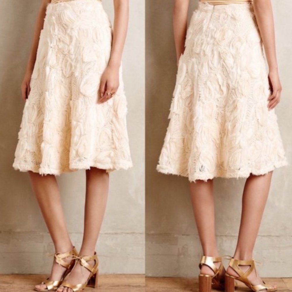 HD IN PARIS (Anthro) Floral Applique Full Midi A-Line Skirt, Ivory, Size 0